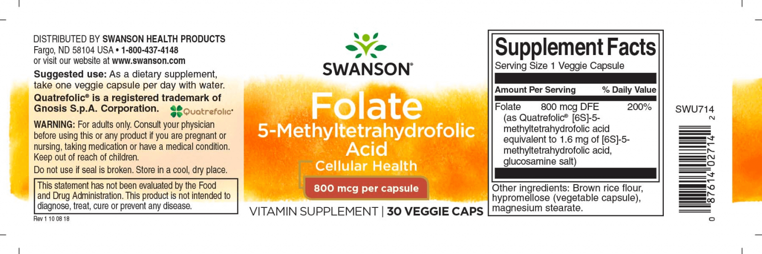 Swanson Folát (5-MTHF) 800 mcg / 30 növényi kapszula